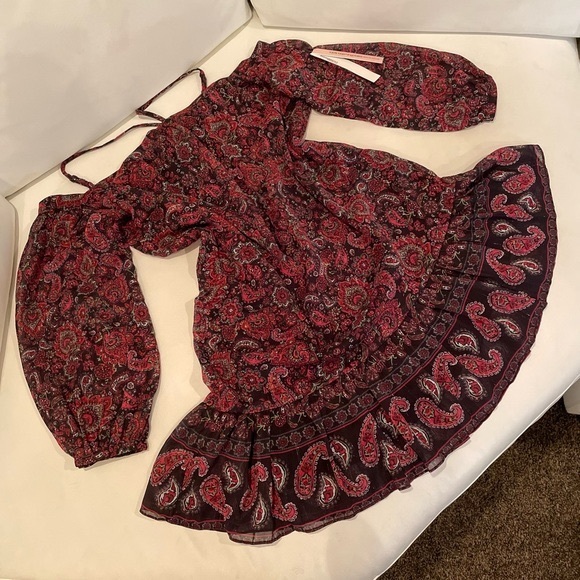 NWT M / XS Aqua red paisley drop shoulder halter neck ruffle sheath mini flounce - Picture 5 of 10